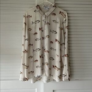 Fish Patterned Forever 21 White Button Up Shirt Plus Sized